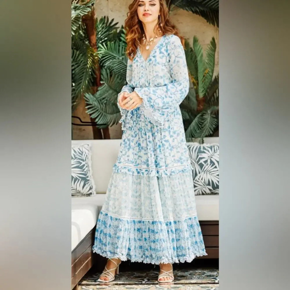 Hemant & Nandita Calee Pleated Long Dress Blue & White Size Small - Picture 1 of 12
